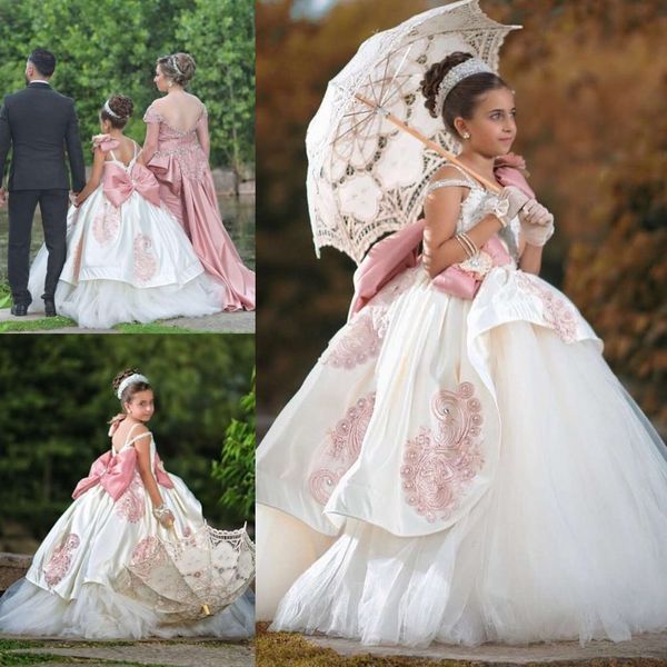 

luxury ball gown flower girls dresses for weddings floor length crystal lace applique kids formal wear sleeveless girl' pageant dress, White;blue
