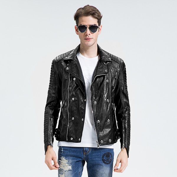 

fall- winter jacket men black leather jacket skull rock rivet sheepskin coat punk genuine leather mens motorcycle jacket