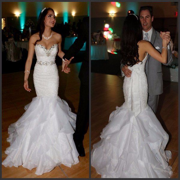 

vintage 2017 mermaid wedding dresses crystals beading chiffon sash sweetheart lace-up back ruffles bridal gowns, White