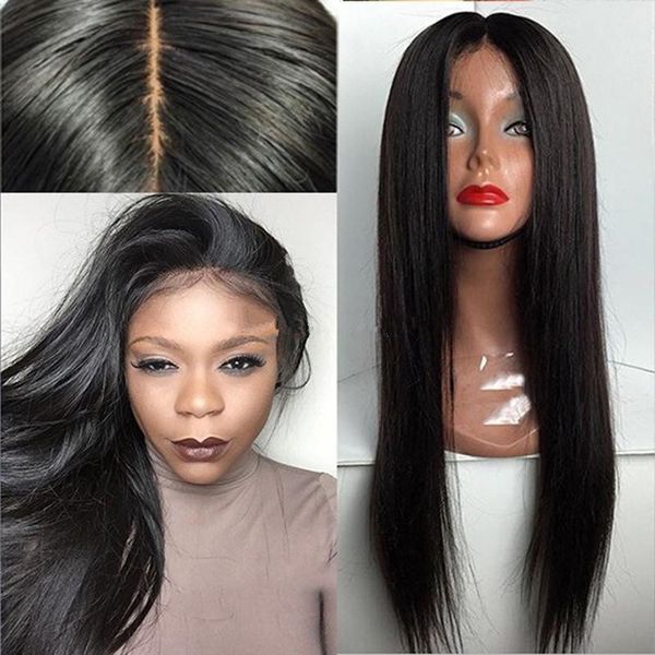 

malaysian silky straight hair natural hairline full lace with baby hair meiddle part lace front wigs, Black;brown