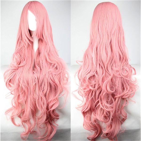 

women harajuku hair wig ombre pastel long pink wavy curly wigs oblique bangs 100cm cosplay heat resistant synthetic wigs, Black