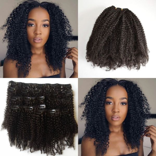 

full head kinky curly remy clip in human hair extension for black women natural black 7pcs 120g, Black;brown