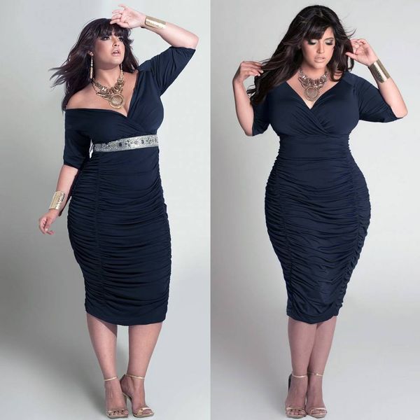 

stunning plus size ruched evening dresses with half sleeves v-neck tea length evening gowns sheath dark navy short formal dress, Black