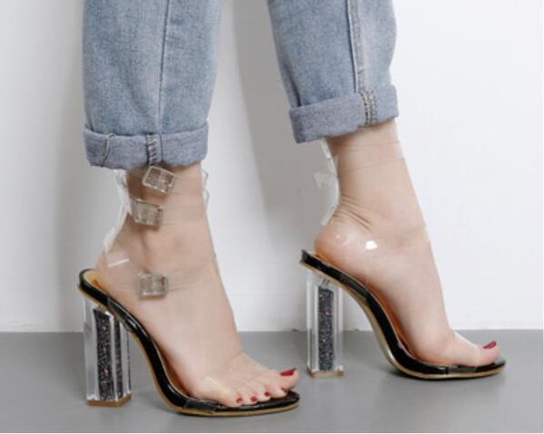 

2017 fashion women blingbling shoes open toe sandals ankle strap high heels sequined heel gladiator sandals wedding shoes, Black