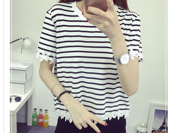 

petals short sleeved striped t-shirt shirt casual fashion loose pure color breathable waist shaping, match with any clothes, White