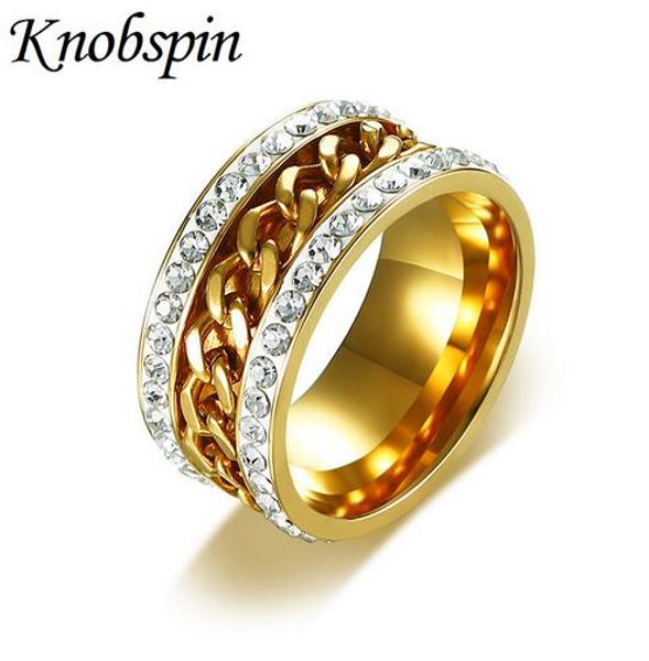 

gold color spinner rings for men with two row cubic zirconia wedding bands stainless steel jewelry anillos anel bijoux wholesale, Slivery;golden