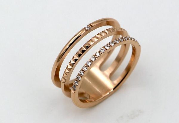 

new hollow three-layer gear micro-diamond rhombic ring korean fashion trend female titanium ring with diamond ring, Golden;silver