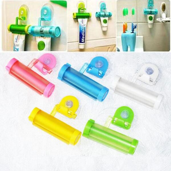 

new colorful plastic tube 5 color rolling toothpaste squeezer dispenser hook holder sucker hanging bathroom wall