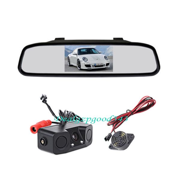 

2 led car reverse parking sensor radar camera 170Â° waterproof + 4.3" lcd mirror monitor 5pcs/lot