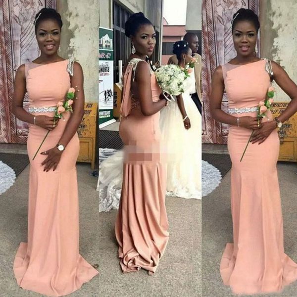 

2019 long peach african bridesmaid dress asymmetrical bateau neck sleeveless beading lace appliques illusion back mermaid wedding party gown, White;pink