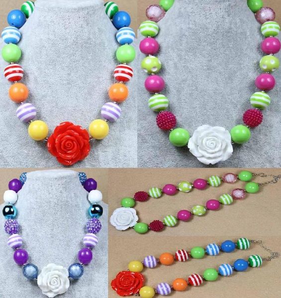 

2016 new fashion white red rose flowers children necklace pendant acrylic beaded chunky bubblegum neckalces girls kids gift jewelry, Silver