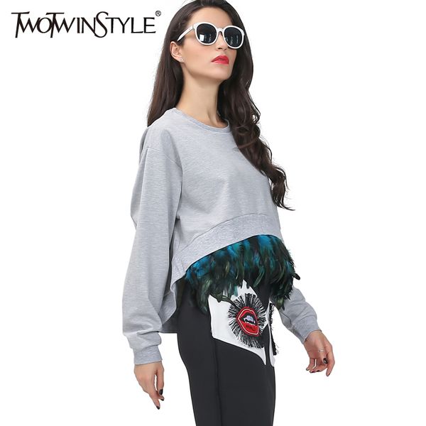 

wholesale- [twotwinstyle] autumn attachable feather extra long sleeves oversized wweatershirt women pullovers new clothing streetwear, Black