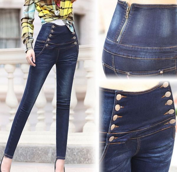 

wholesale-vintage fashion jeans plus size high waist women jeans skinny pants women double breasted jeans, Blue