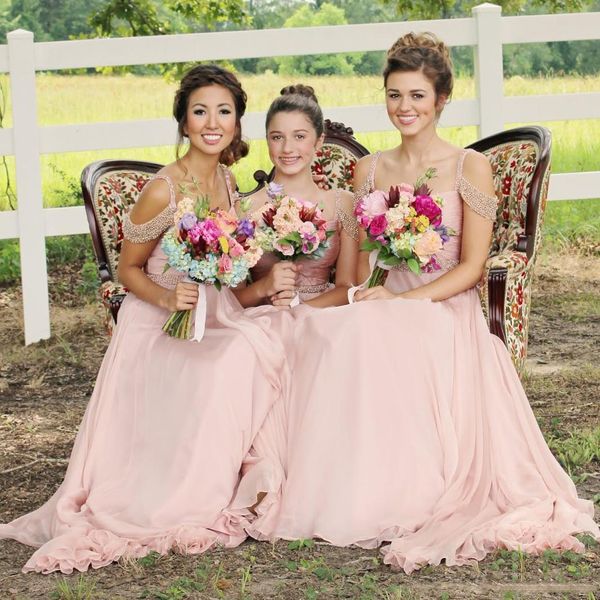 Ausgefallene lange Brautjungfernkleider aus rosa Chiffon mit glitzernden Perlenträgern, Brautjungfernkleider, rückenfrei, für Hochzeitsgäste, formelle Partykleider, günstig