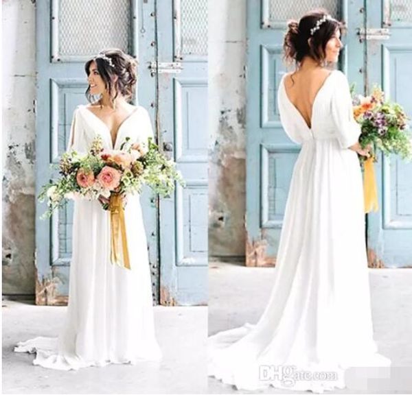 Sexy decote em v sem costas vestidos de casamento grego 2017 robe de mariage boêmio praia vestido de noiva com mangas país vestido de casamento160j