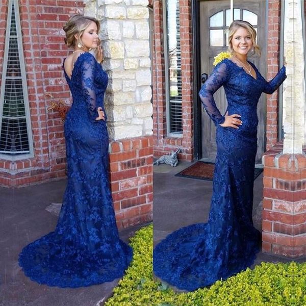 

navy blue lace evening dresses 2020 robe de soiree appliques v-neck long sleeve zipper back mermaid prom dresses evening wear sweep train, Black;red