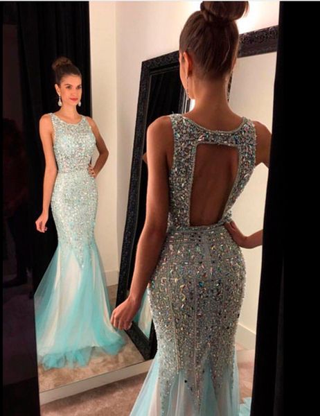 

beading crystal mermiad prom dresses scoop backless prom dress sleeveless prom gown mermaid evening gowns, Black