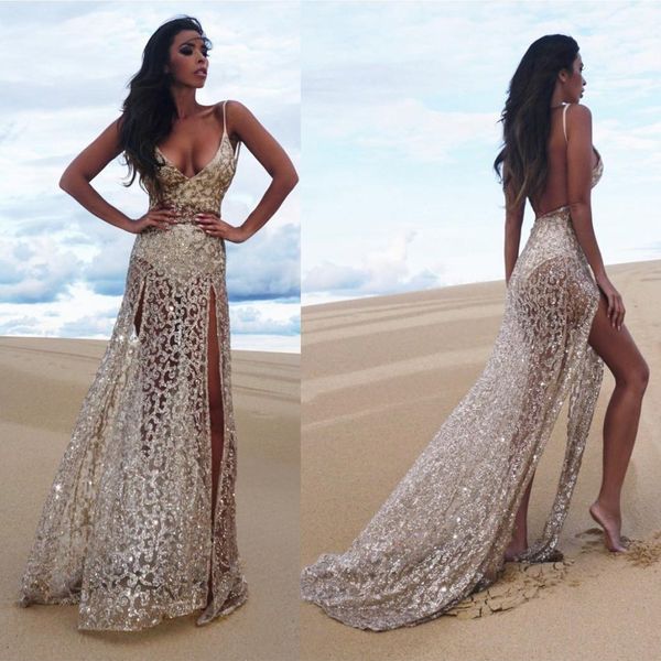 

backless side split evening dresses spaghetti nek lace applique sequins prom dress beaded sleeveless bling bling long beach party gowns, Black;red