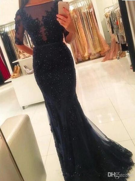 

half sleeve evening dresses 2017 red dubai abaya mermaid beaded formal evening gowns sweep train vestido de festa, Black;red