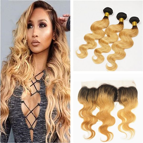 Brazilian Honey Blonde Ombre Hair With Lace Frontal Closure 9a