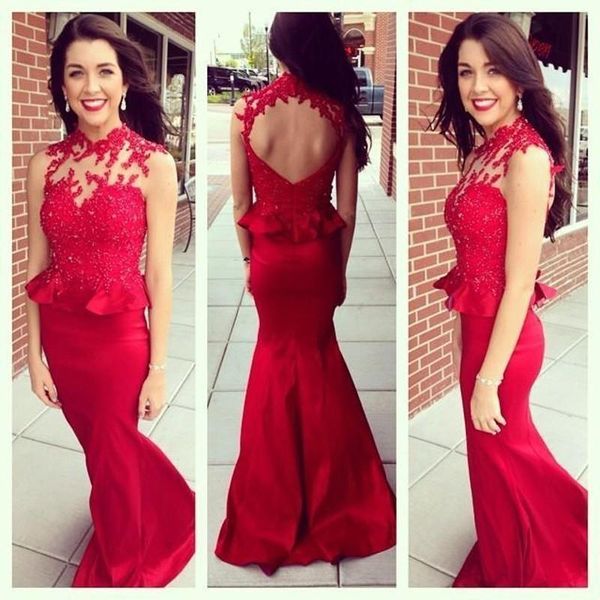 

new popular mermaid red evening dresses high neck backless cap sleeve beaded lace satin party gowns custom made, Black;red