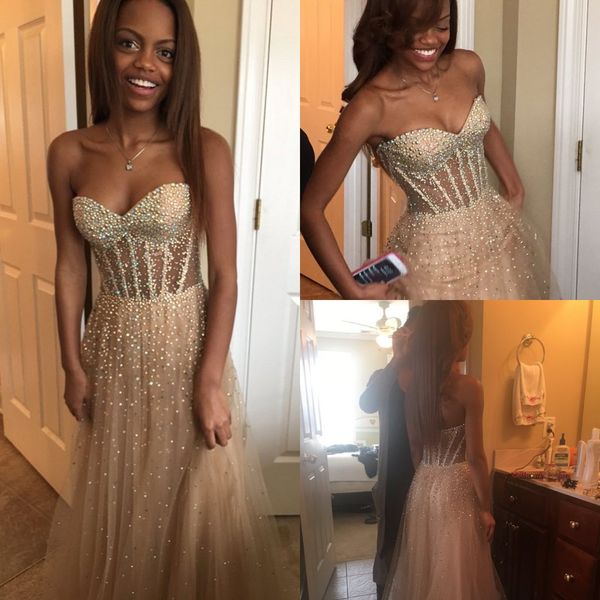 

A Line Sparkling Black Girl Prom Dresses Sweetheart Sleeveless See Through Corset Champagne Evening Dresses Wear Formal Cocktail Party Dress