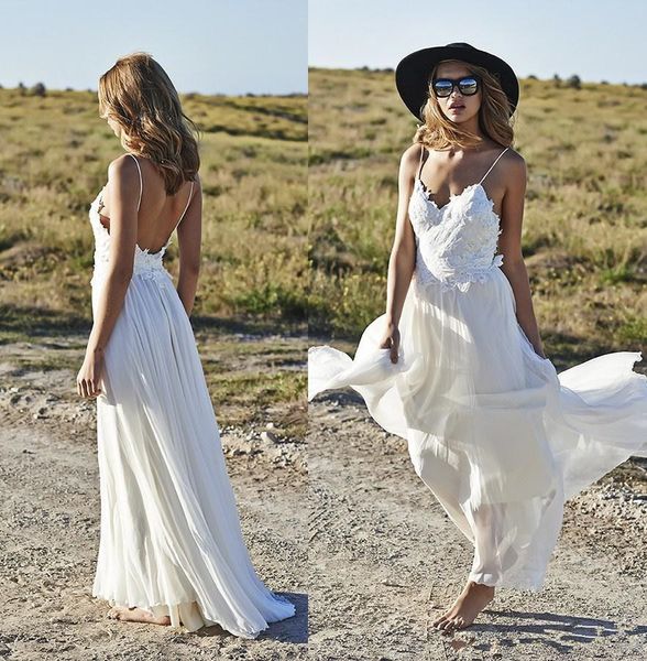 Venda quente Branco Vestido de Noiva Chiffon Sexy V Pescoço Spaghetti Lace Vestidos De Noiva Bainha Backless Mordern Praia Vestido De Noiva 2017 Vestidos