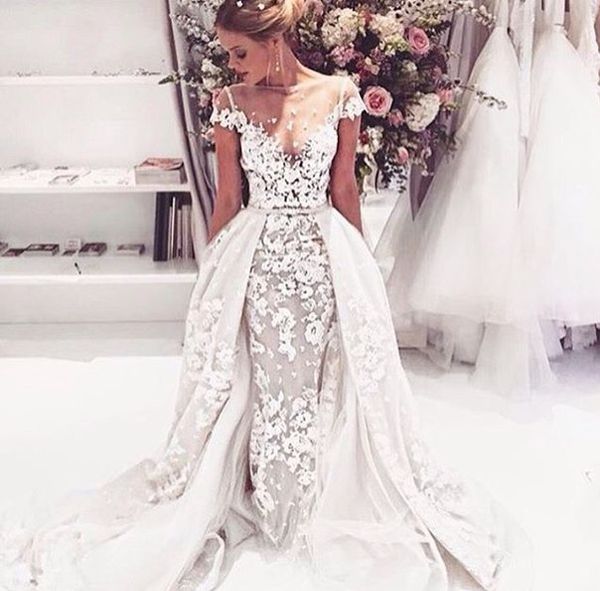 

custom made sheer illusion bateau cap sleeve mermaid gorgeous wedding dressers with removable train bridal gowns vestidos de novia, White