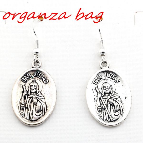 

Hot ! 24 pair Antique silver "SAN JUDAS" Charms Earrings With Fish hook Ear Wire 16 X 42mm
