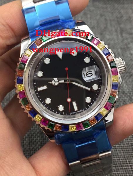 Homens rel￳gios 43mm 116655 Dial preto Diamante Bandos de borracha Asia 2813 MECHONICO MECHONICA