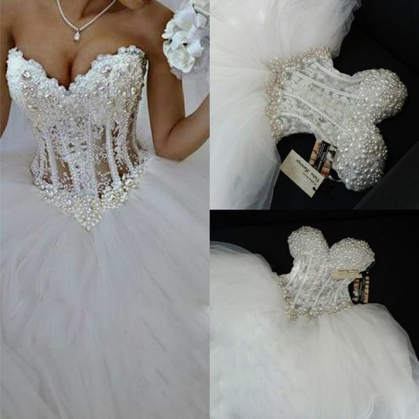 

luxurious bling sweetheart wedding dresses corset bodice sheer bridal ball crystal pearls beads rhinestones tulle wedding bridal gowns custo, White