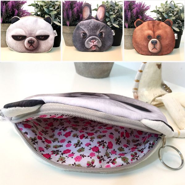 Bonito 3D Impressão Panda Gray Bunnies ROWN URSO Coin Bolsas Animais Cabeça Rosto Forma Coin Case Mudança Bolsas Saco De Mão Para As Crianças