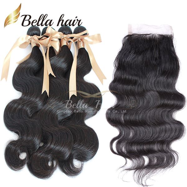 Bellahair Indian Virgin Virgin Human Weave Body Wave Top Fechamento com Extensões de cabelo de pacote Double Weft 4pcs Adicione 1pc 4x4 Fechamentos de renda Full Head Full