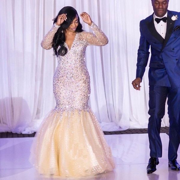 

luxury crystal beach wedding dresses v-neck tulle wedding gowns floor-length illusion mermaid wedding dresses in stock 2016, White