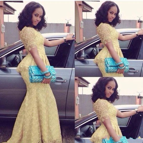 

African fa hion ve tido longo o neck hort leeve mermaid floor length prom gown yellow lace elegant nigeria tyle prom dre e