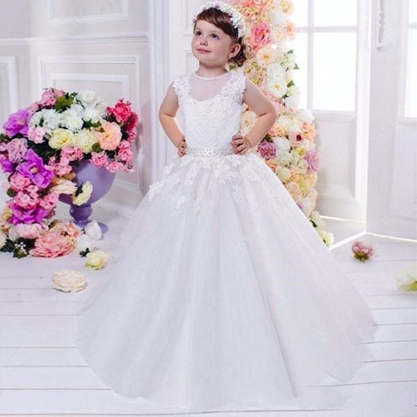 

appliques 2017 flower girls dress custom made lace girl' first communication illusion crew neck girls party gowns, White;blue