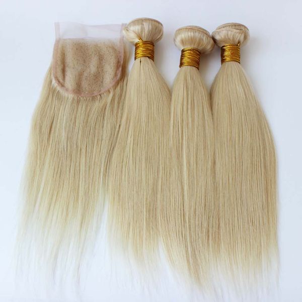

brazilian hair with closure 613# blonde brazilian hair weave bundle 1pc lace closure with 3pcs bundles platinum blonde weave, Black