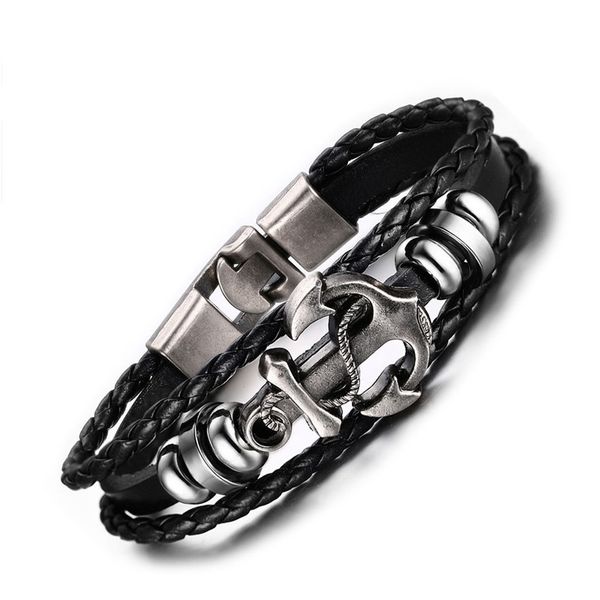 2016 neue Echtes Leder Streifen String Weave Legierung Vintage Armband Boot Anker Schnalle Charme Armreif Männer Schmuck Trendy Schmuck Schwarz 21 cm