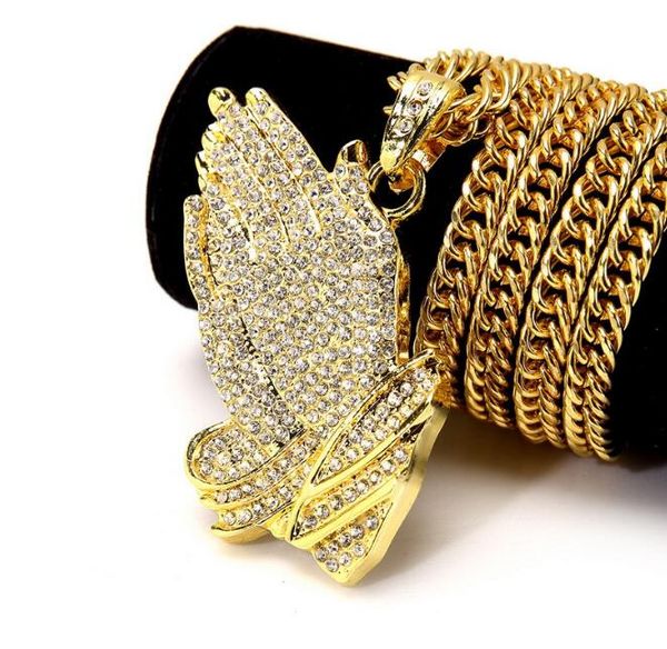 

gold silver praying hands hiphop bling necklace mens 18k gold religous jewlry iced out prayer jesus women men gift plating