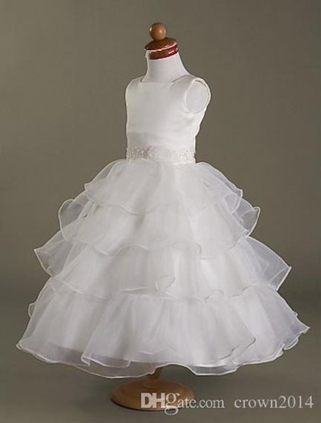 2022 Prenses Elbiseler Beyaz Küçük Kızlar Moda Meydanı Boyun Katmanlı Çay-Uzunlukta Boncuklu Saten Organza Balo Balo Kupa Çiçek Kız Elbiseler