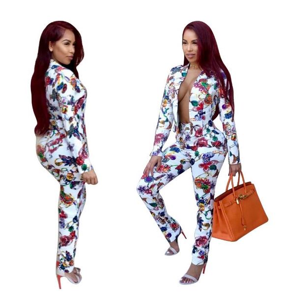 

2018 spring new Printing business suit tops +Tight little feet long pants Two-piece suit women set fashion casual slim suits