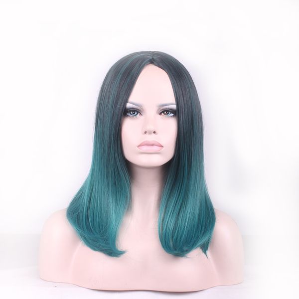 

woodfestival ombre dark green black straight short bob wig women fiber synthetic wig turquoise heat resistant hair wigs 18 inches