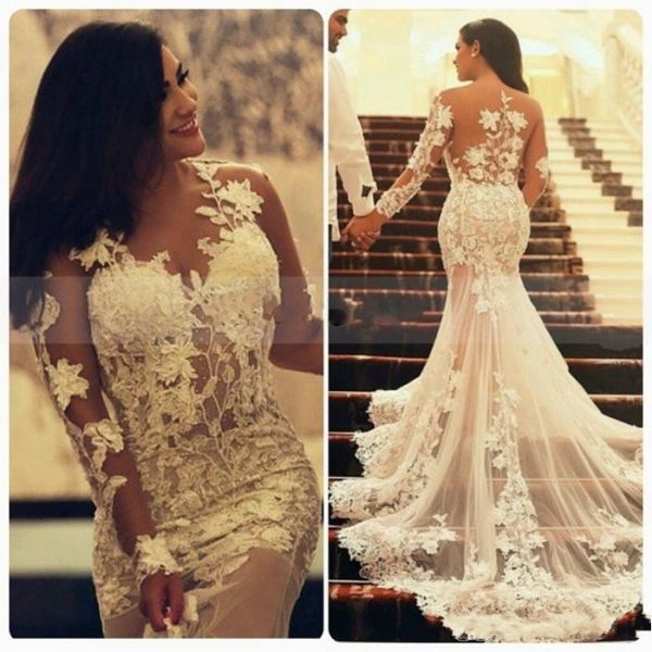 

2018 арабский русалка кружева свадебные платья с длинными прозрачными рукавами с круглым вырезом аппликация винтаж неформальное свадебное пл, White