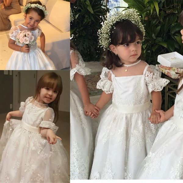 

white floor length princess flower girl dresses lace appliques sheer trumpet short sleeves girls pageant gowns tulle birthday party dress, White;blue