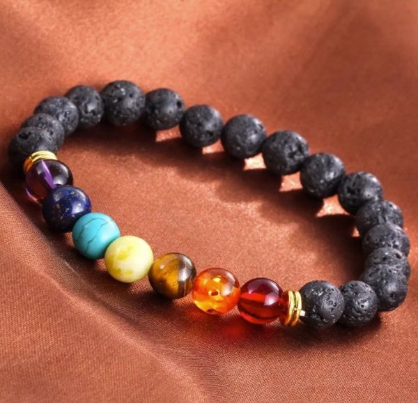 Hot selling Unisex Chakra Energia Frisada, Strands Natural Lava Pedra Braceletes 8mm Colorido Grânulos Braceletes Frete Grátis