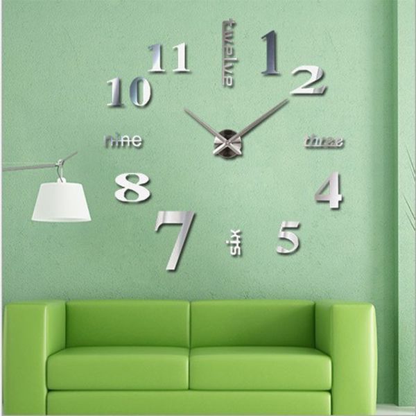 Wholesale- Happy home Living Room Bedroom Home Docerate Wall Clock Modern DIY Large Wall Clock 3D Mirror Surface Sticker Home Office Decor