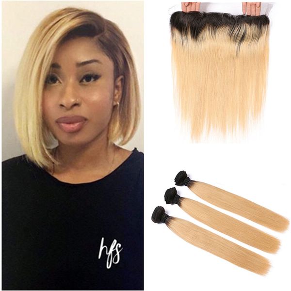 

Honey blonde lace frontal with bundle 1b 27 trawberry blonde human hair weave with traight lace frontal clo ure bleached knot 4pc lot