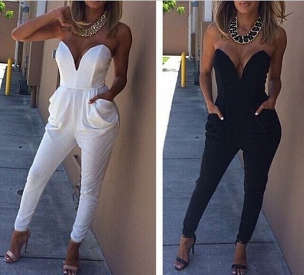 

wholesale- new women's clothing female black white fashion solid color pocket tube top jumpsuit siamese pants ms playsuits & bodysuits