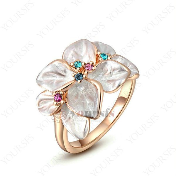 Acheter Yoursfs Fashion Elegant 18 K Rose Plaqué Or Blanc Fleur Enamel Design Avec Bague Cocktail En Cristal Coloré Pour Femmes Vogue Jewelry De