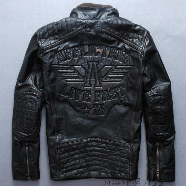 

2018 affliction motorcycle leather jackets short style back embroidery a letter limited edition genuine leather jacket, Black